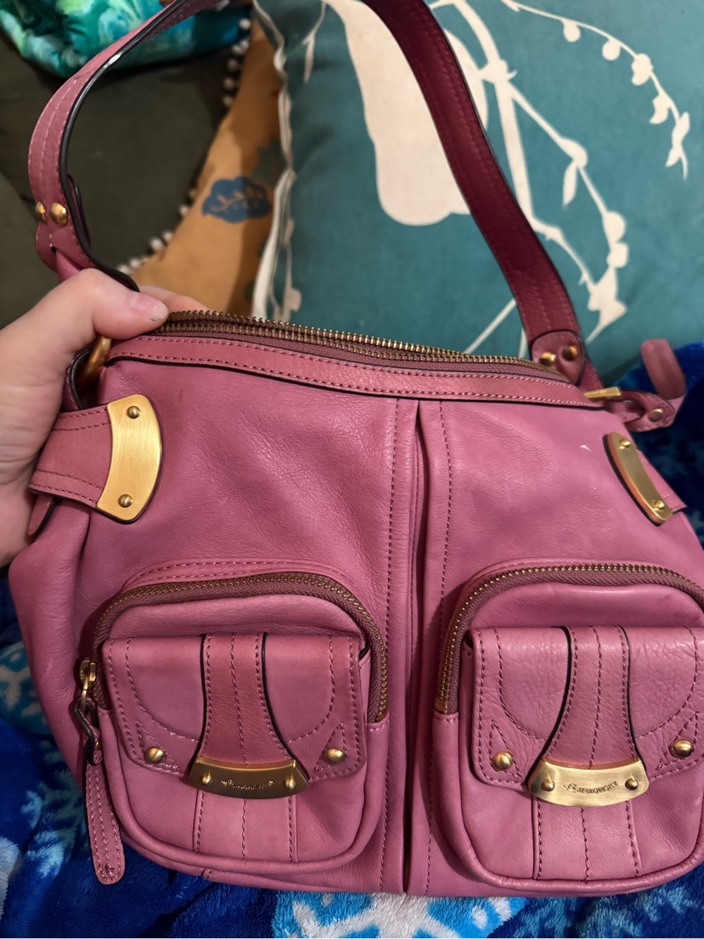 b. makowsky Pink Leather Shoulder Bag with Gold Hardware